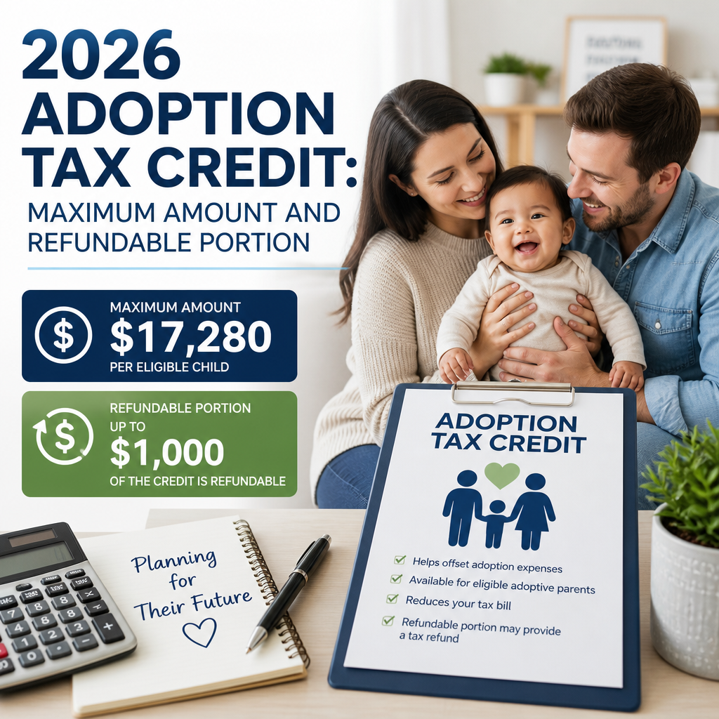 Infographic showing 2026 adoption tax credit maximum amount, refundable portion, and family planning concept