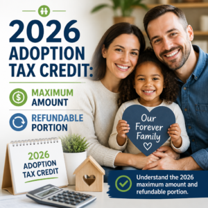 Happy family holding a heart-shaped sign about the 2026 adoption tax credit maximum amount and refundable portion