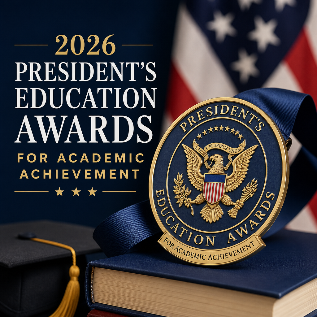 President’s Education Awards medal over an American flag background