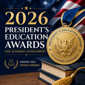 President’s Education Awards medal and graduation cap with American flag background honoring academic achievement