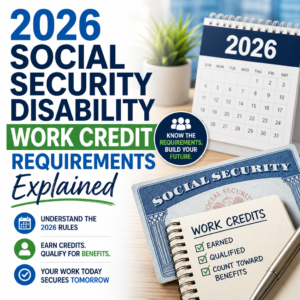 2026 Social Security Disability work credit requirements with calendar and Social Security card visuals