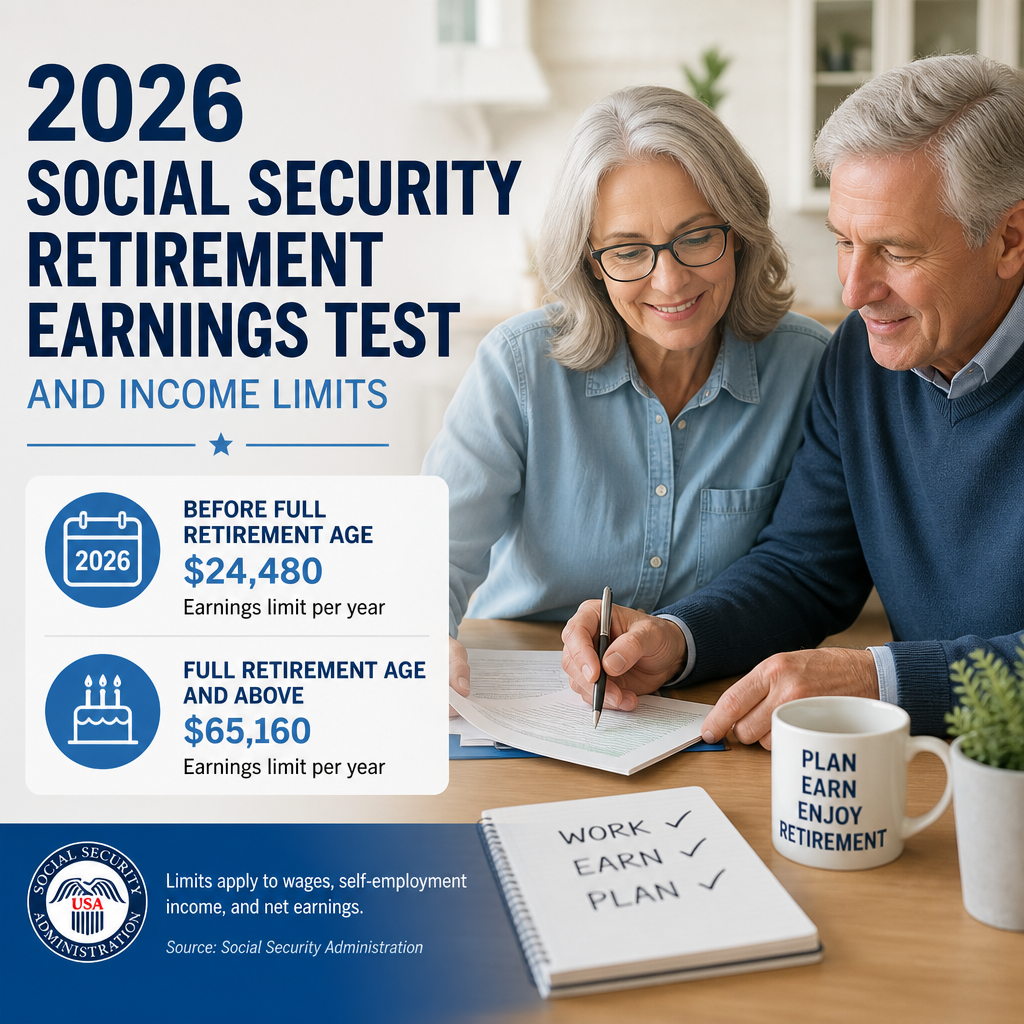 2026 Social Security retirement earnings test income limits before and at full retirement age infographic