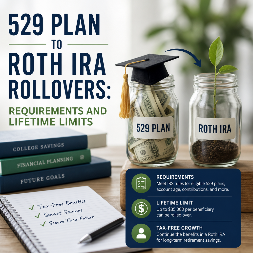 Infographic on 529 to Roth IRA rollovers, showing requirements and lifetime limits for retirement savings.