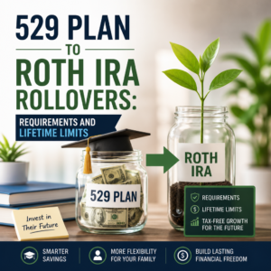 Infographic on 529 plan to Roth IRA rollovers, showing requirements and lifetime limits for savings planning