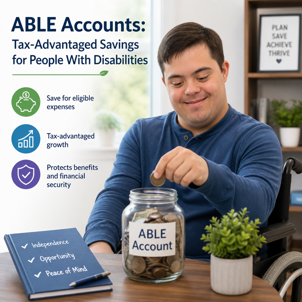 Smiling man with Down syndrome saving money in an ABLE account for financial security