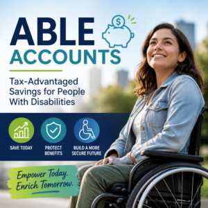 ABLE account graphic showing tax-advantaged savings for people with disabilities to protect benefits and save money