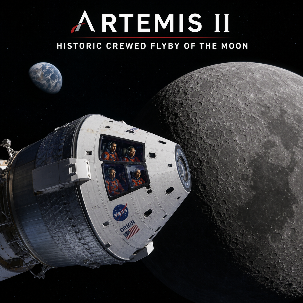 Artemis II spacecraft orbiting the Moon on a historic crewed flyby mission