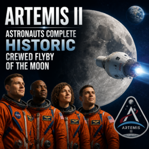 Artemis II astronauts beside spacecraft during historic crewed Moon flyby