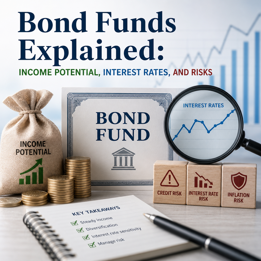 Informative graphic explaining bond funds, income potential, interest rates, and risks.