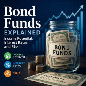 Informative graphic explaining bond funds, income potential, interest rates, and risks.