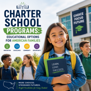 Smiling students outside a charter school, highlighting educational options for American families.