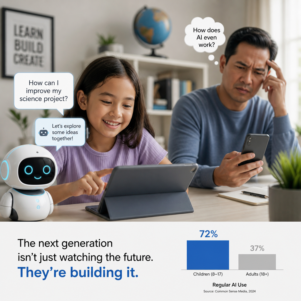 Father and daughter using AI for a science project together