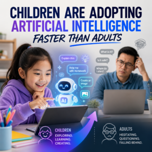 Children using AI tools on tablets while adults watch, showing kids adopt artificial intelligence faster than adults