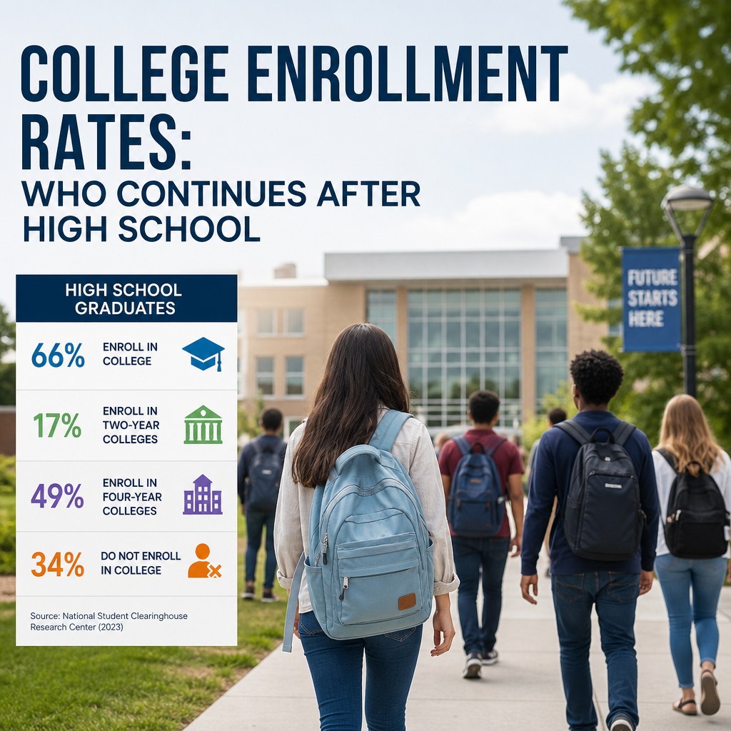 Chart of college enrollment rates for high school graduates: two-year, four-year, and not enrolled percentages