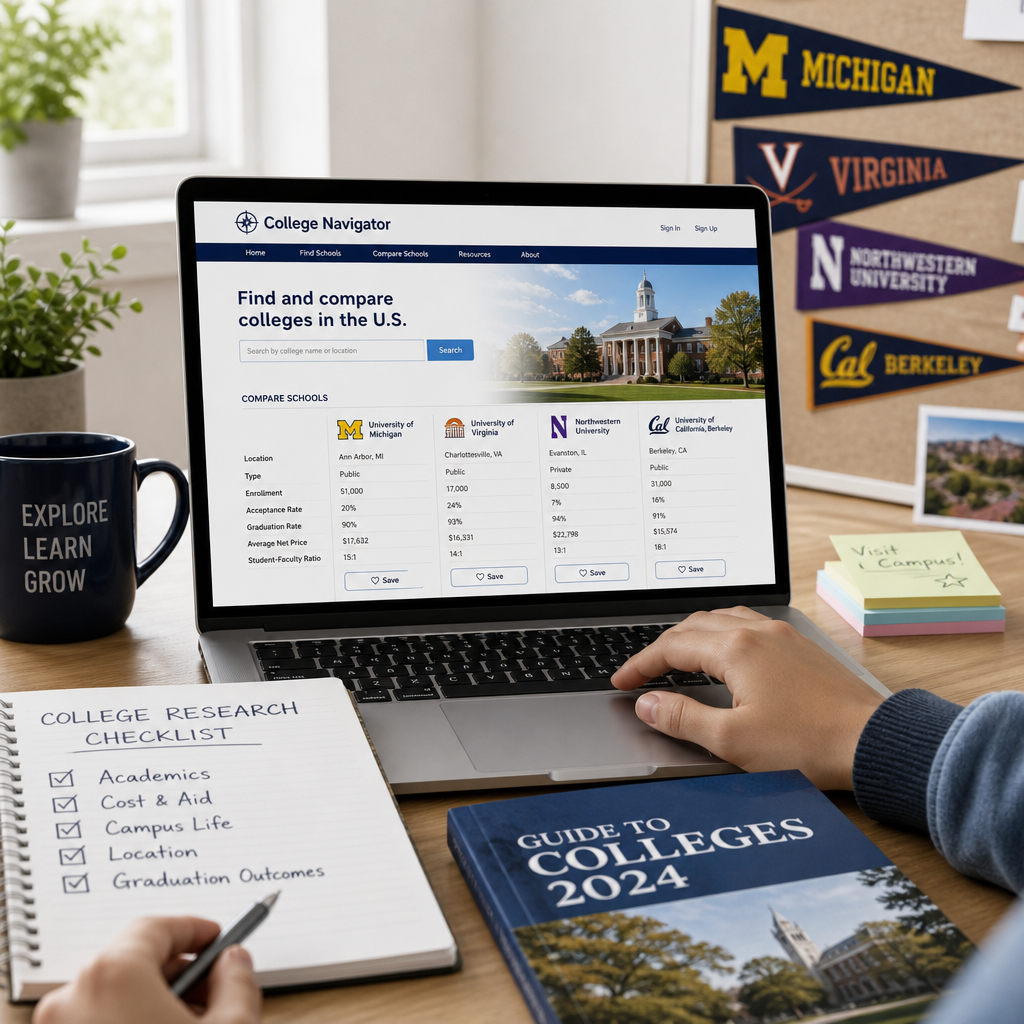 Person researching U.S. colleges online with a checklist and guidebook on the desk