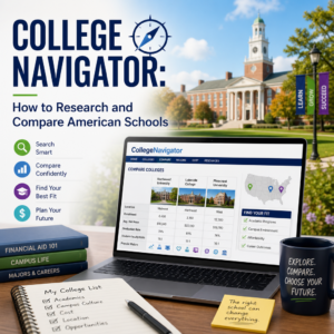 College Navigator guide showing tools to compare tuition, aid, campus life, majors, and graduation rates