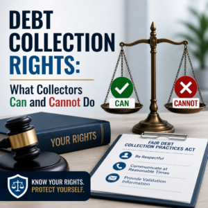 Legal scales and gavel illustrating debt collection rights under the Fair Debt Collection Practices Act.