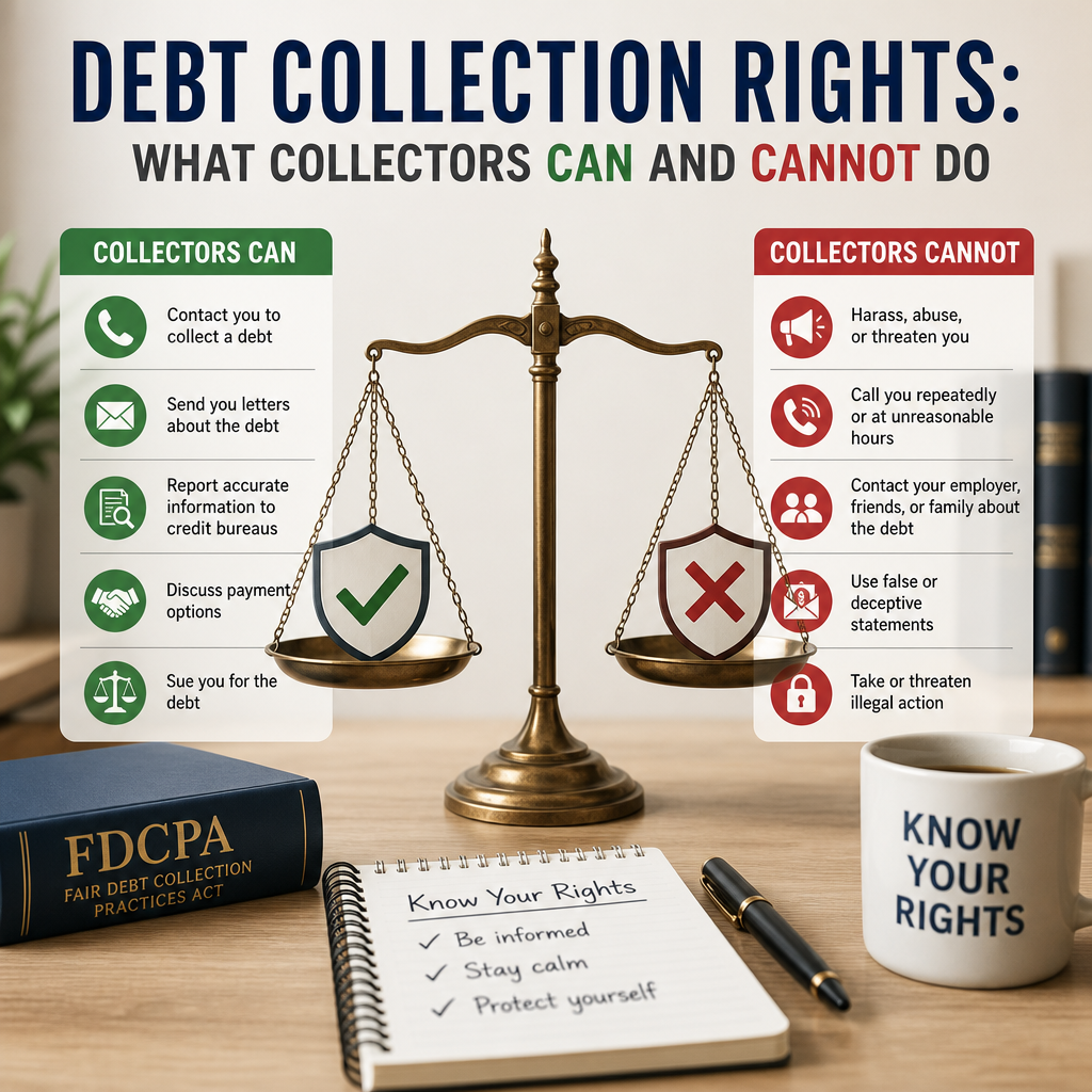 Infographic on debt collection rights showing what collectors can and cannot do.