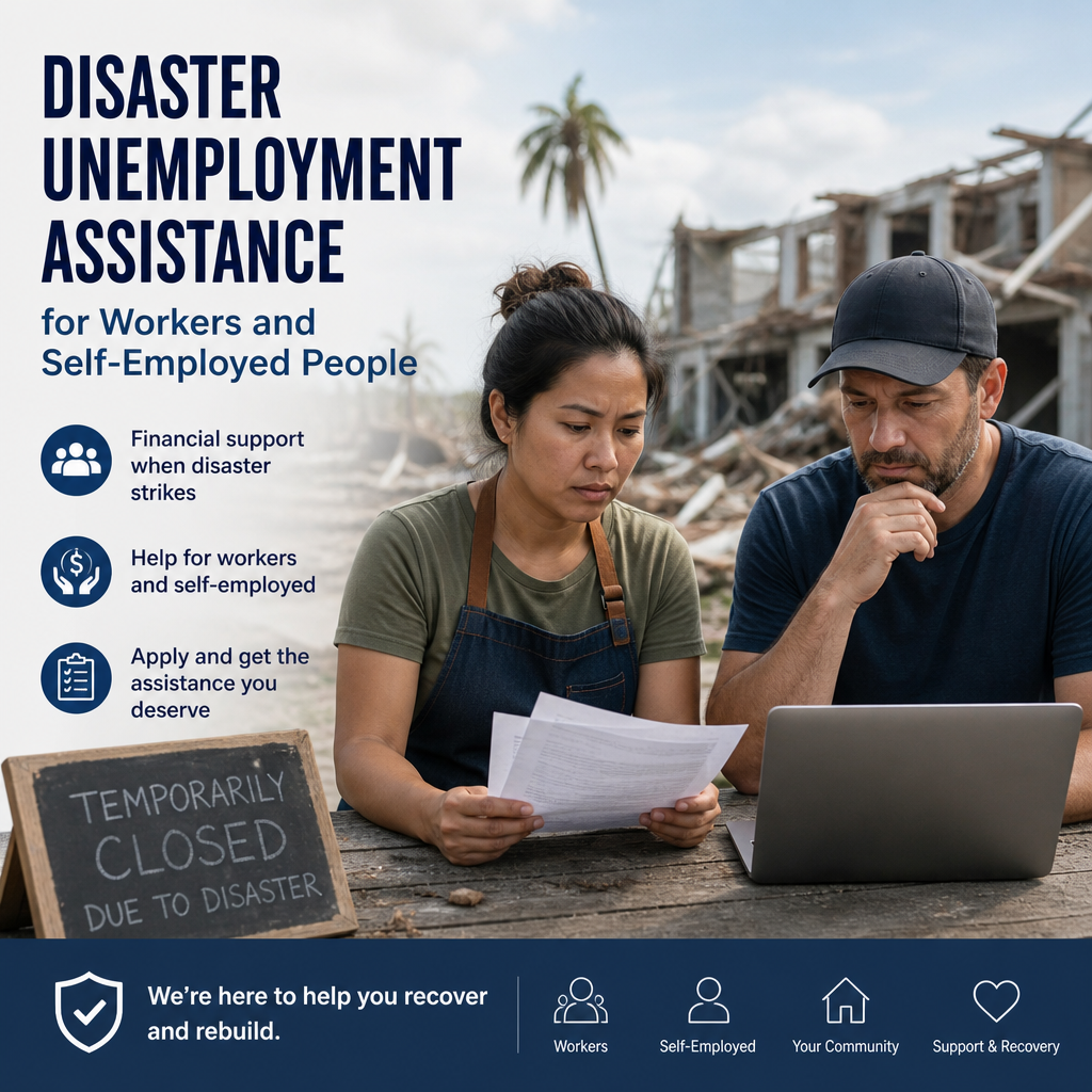 Disaster unemployment assistance for workers and self-employed people with financial support and recovery help