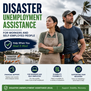 Disaster unemployment assistance sign with support for workers and self-employed people