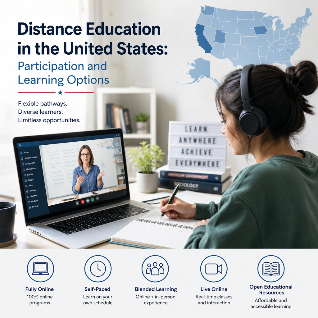 Illustration of distance education options in the U.S., including online, hybrid, live, and self-paced learning