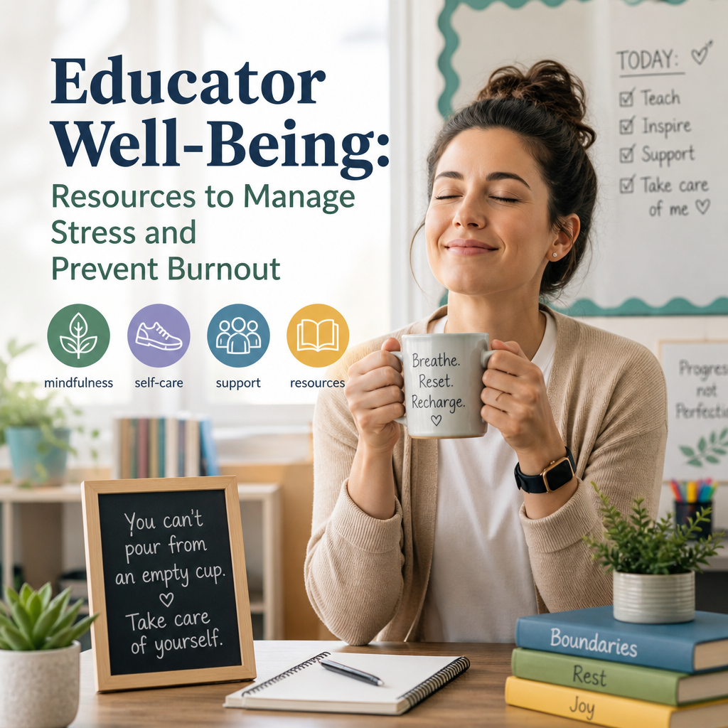 Educator well-being tips with mindfulness, self-care, and support resources to reduce stress and prevent burnout