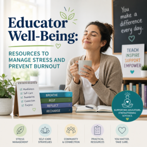 Teacher reviewing educator well-being resources for stress relief and burnout prevention