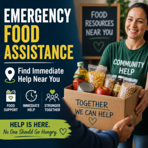 Emergency food assistance flyer offering immediate help and community support to prevent hunger