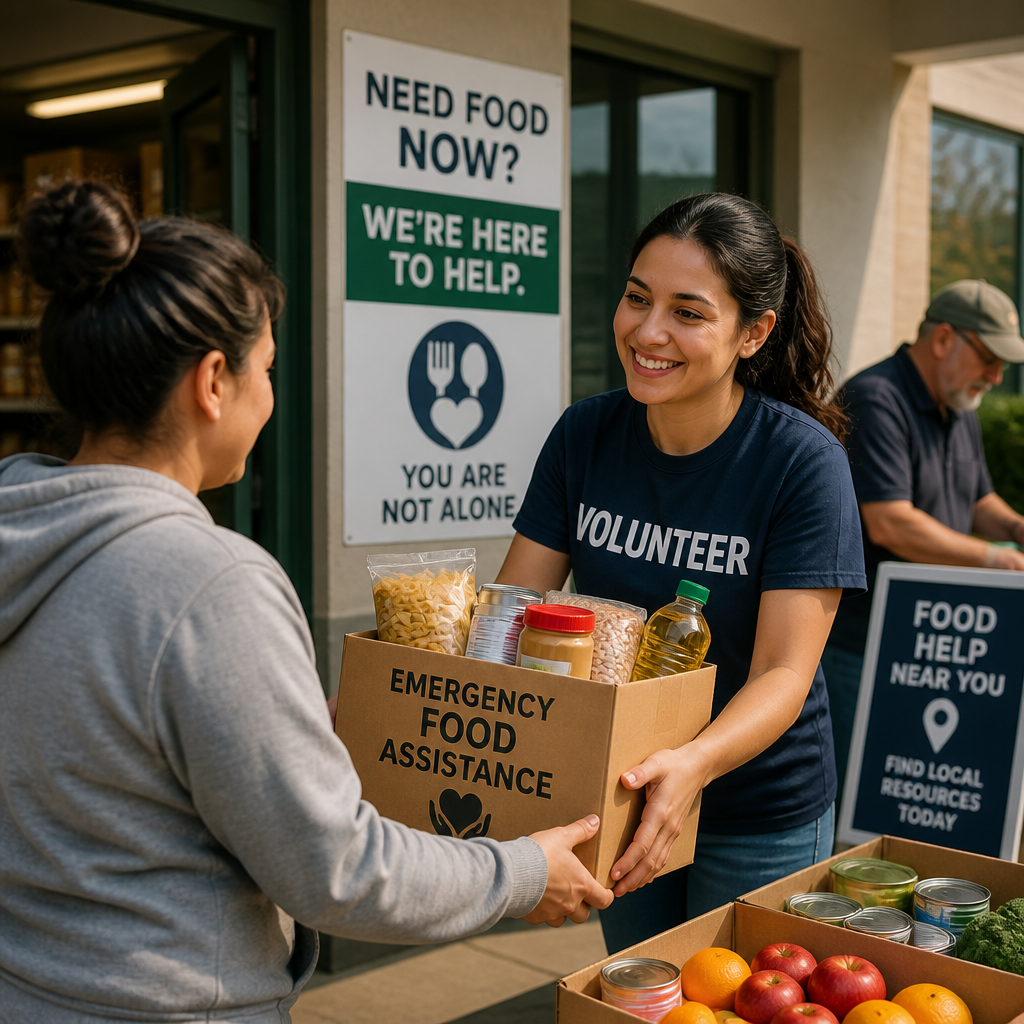 Volunteer handing a box of emergency food assistance to a person at a community food aid center