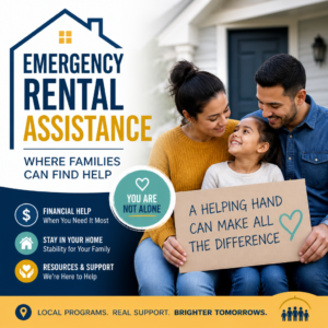 Emergency rental assistance graphic with a family, house icon, and help resources for housing stability