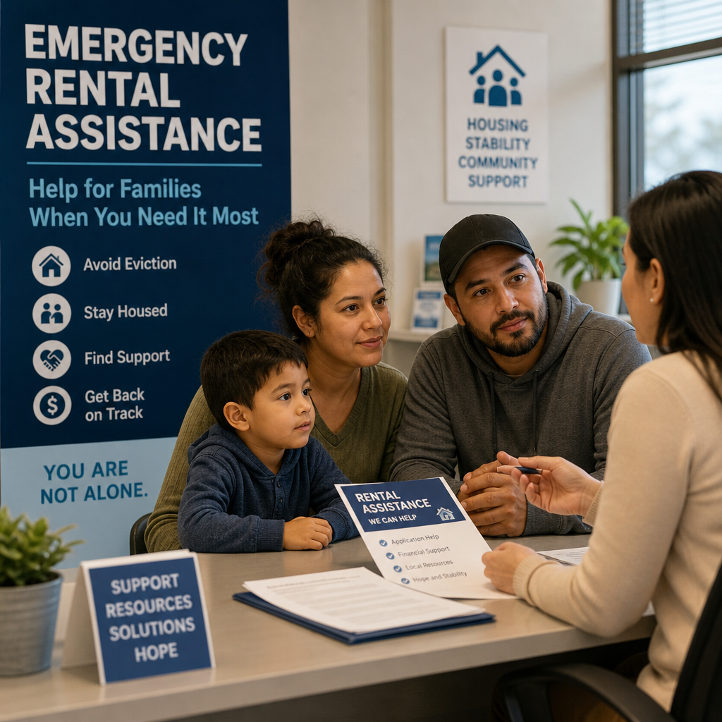 Family receiving emergency rental assistance and housing support from a community service advisor.