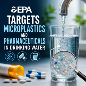 EPA report on microplastics and pharmaceuticals in drinking water, with water quality testing imagery