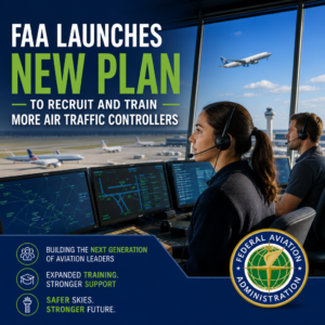 FAA headquarters with air traffic controllers and a plane, symbolizing new recruitment and training efforts.