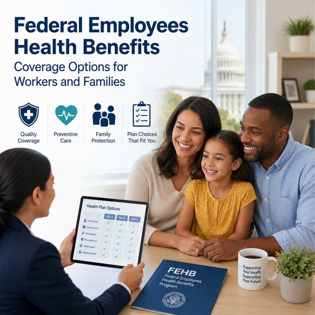 Federal Employees Health Benefits coverage options for workers and families, shown on a laptop screen