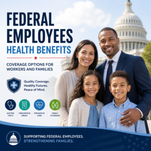 Smiling federal employee family in front of the U.S. Capitol promoting health benefits coverage options