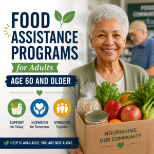 Senior woman holding a box of fresh groceries promoting food assistance programs for adults 60 and older