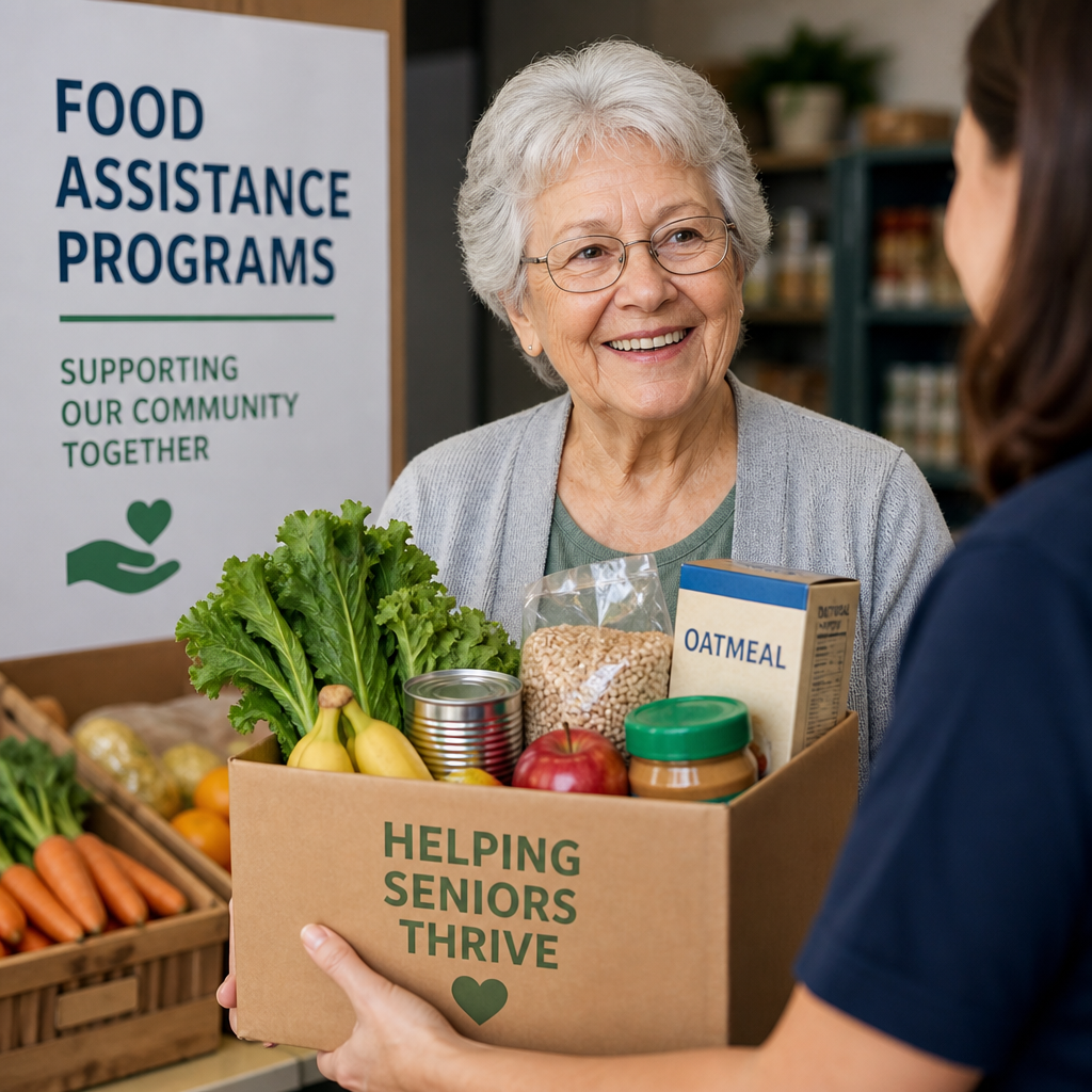 Senior woman receiving a food assistance box with fresh groceries and essentials