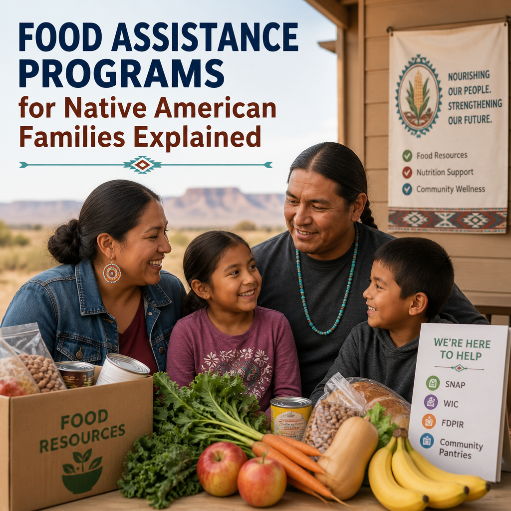 Native American family receiving food assistance resources and support.
