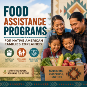 Native American family receiving food assistance and nutrition support in a community program