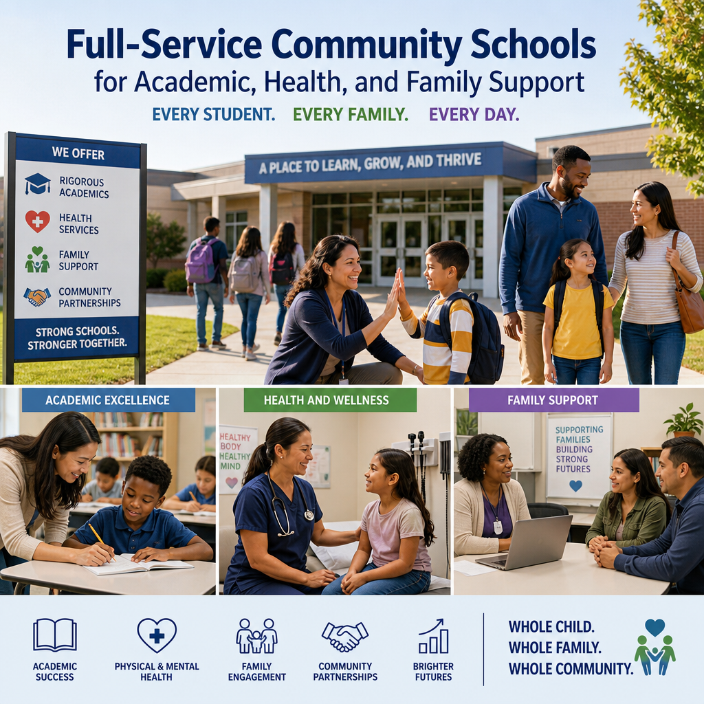 Students, families, and staff connecting at a full-service community school with support services.