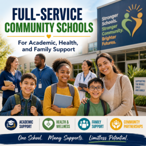 Diverse students and adults smiling together, promoting full-service community schools support.