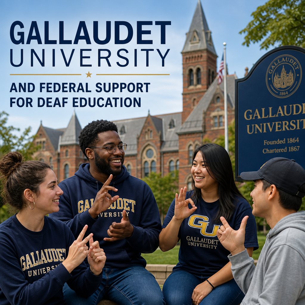 Diverse Gallaudet University students signing, showing federal support for deaf education and inclusive learning.