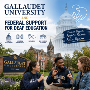 Gallaudet University campus with students, highlighting federal support for deaf education and inclusion