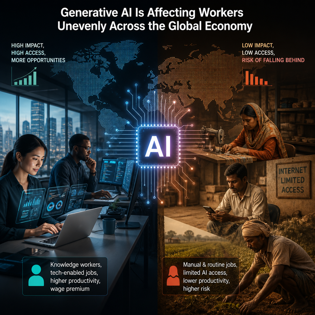 Illustration of generative AI affecting workers unevenly worldwide, boosting tech jobs and challenging manual labor