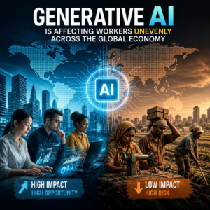 Illustration showing generative AI's uneven impact on global workers, with tech jobs gaining and manual labor at risk