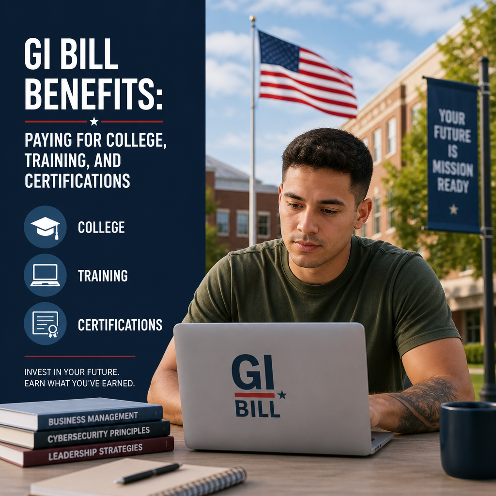 Young man using a laptop outdoors with GI Bill benefits for college, training, and certifications