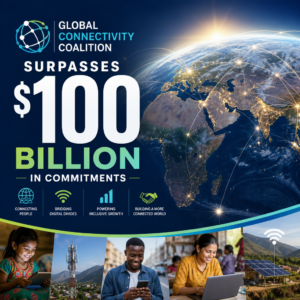 Global Connectivity Coalition graphic highlighting over $100 billion in commitments for global digital inclusion
