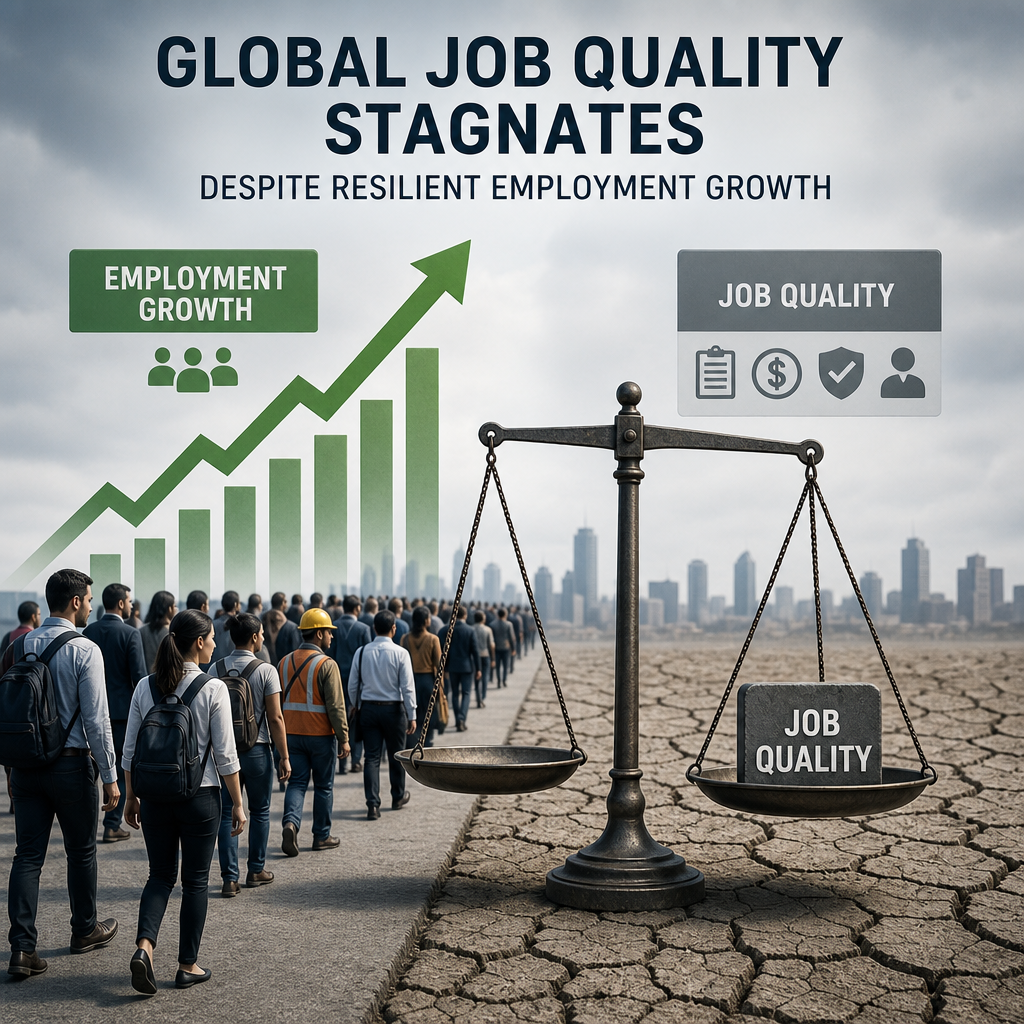Illustration of global employment growth, with a crowd, bar graph, and balance scale showing stagnant job quality.