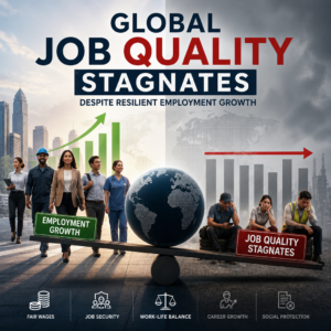 Illustration of employment growth with icons for wages, job security, work-life balance, career growth, and social protection