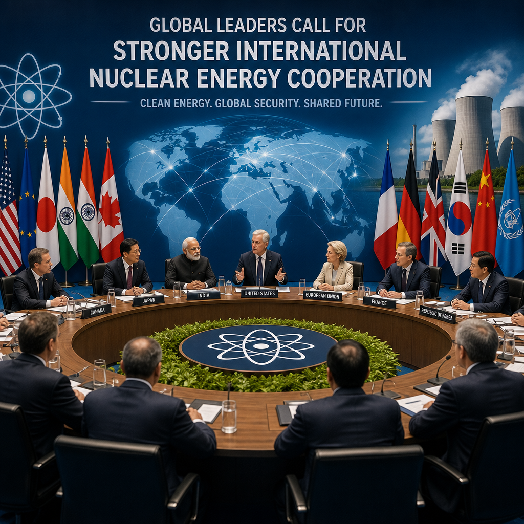 Global leaders at a summit discussing stronger international cooperation on nuclear energy and clean energy security